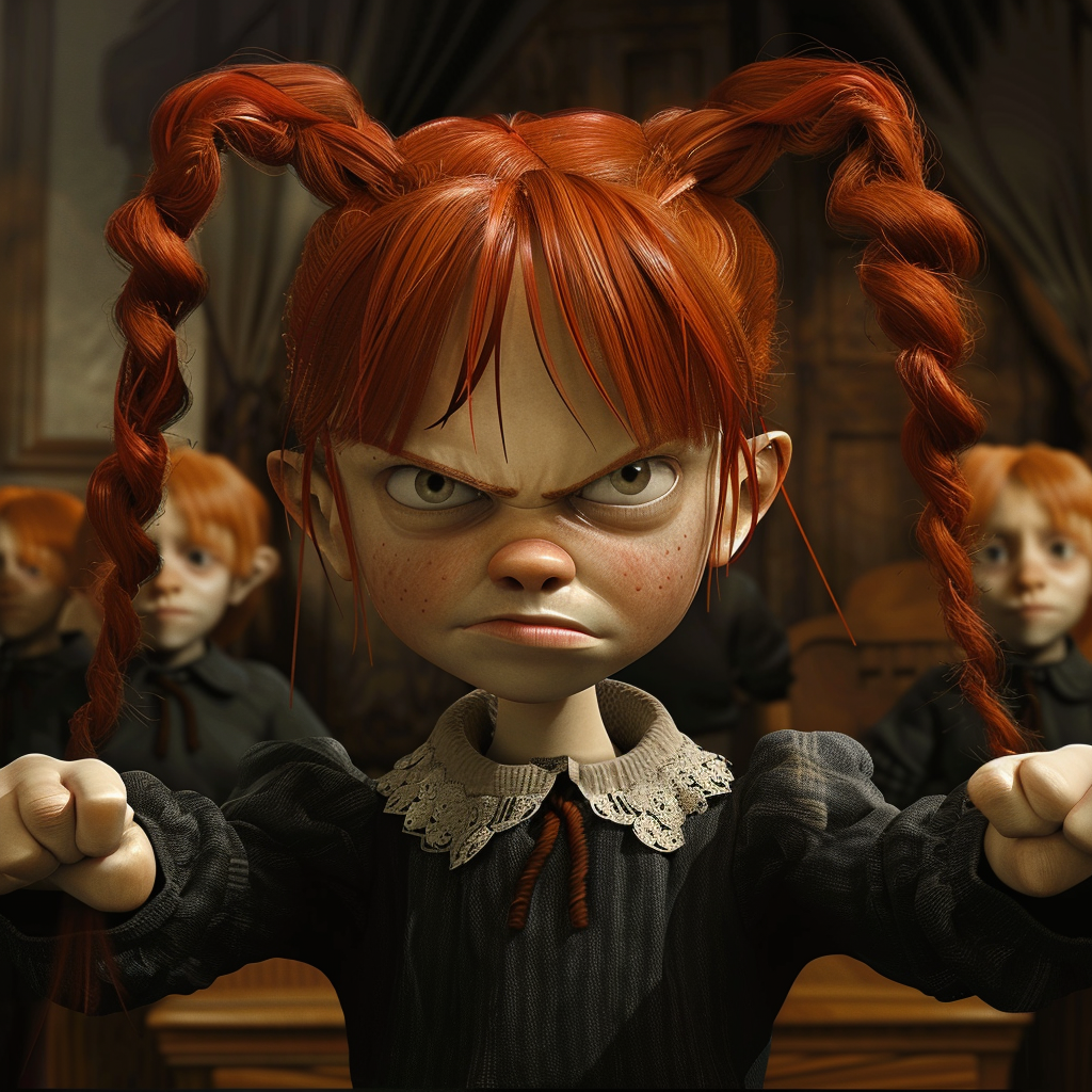 Prompt: Pippi Longstocking as an angry prosecuting attorney