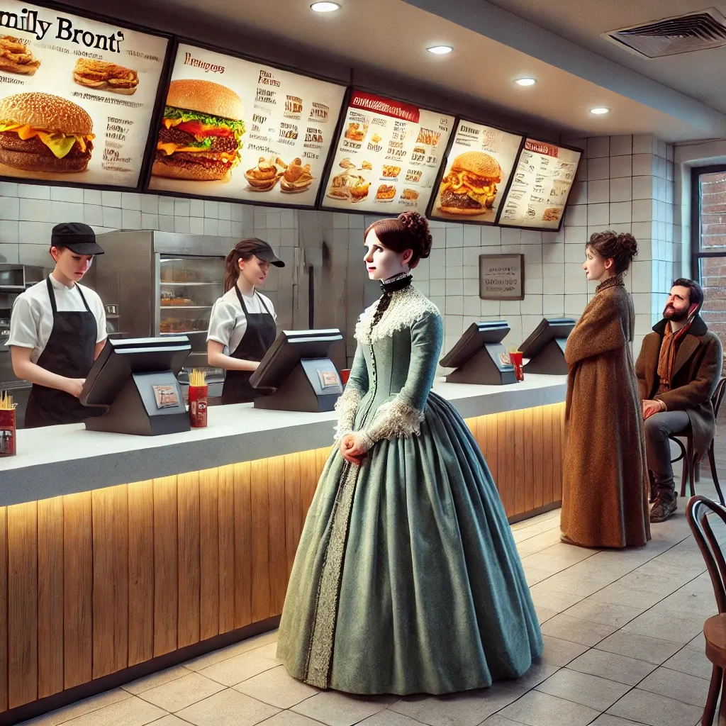 Prompt: Emily Brontë waiting for a fast food order