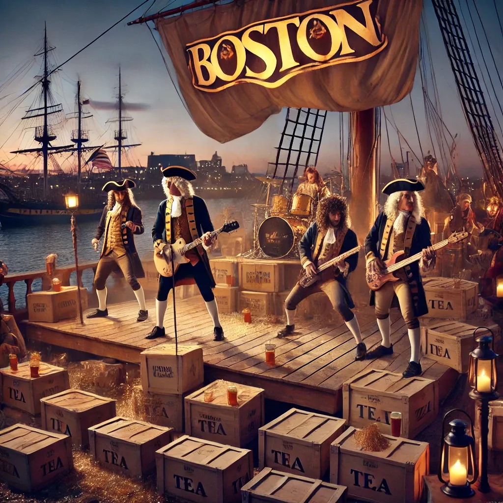 Prompt: The rock band Boston at the Boston Tea Party