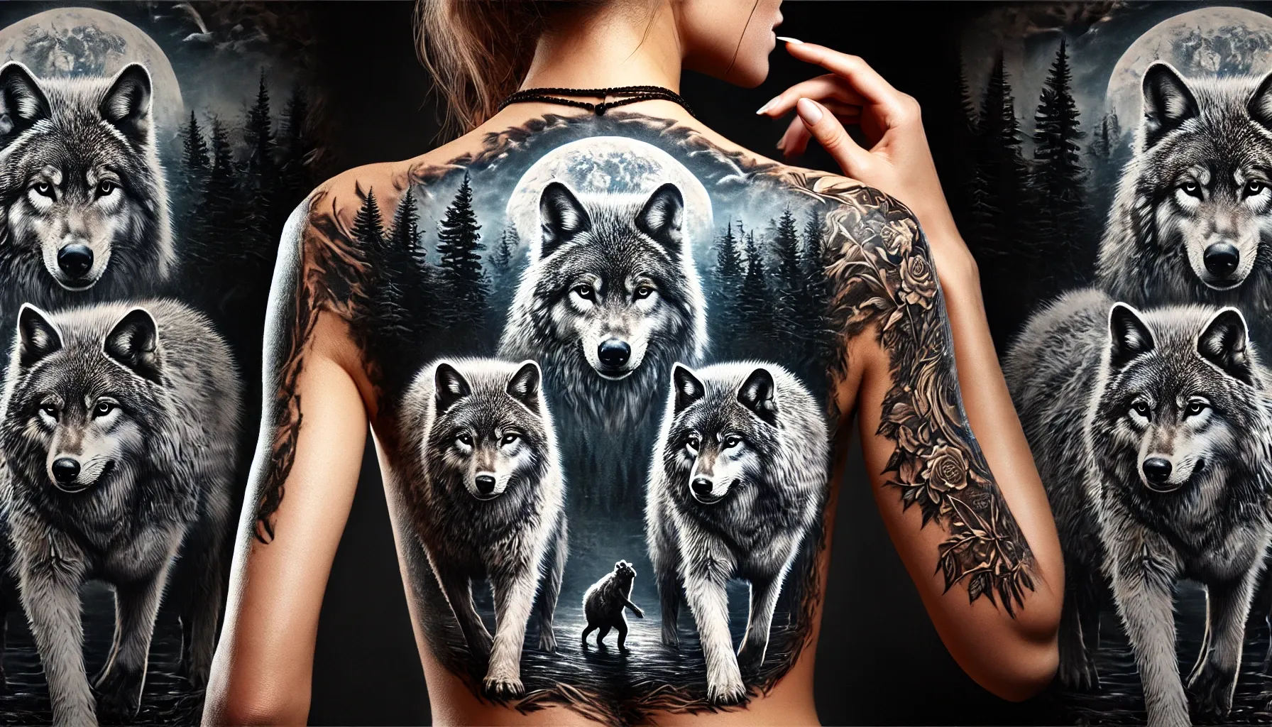 Prompt: A woman with a full back tattoo depicting a standoff between three wolves