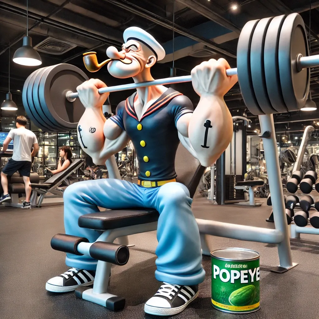 Caption: Popeye at the gym doing the bench press