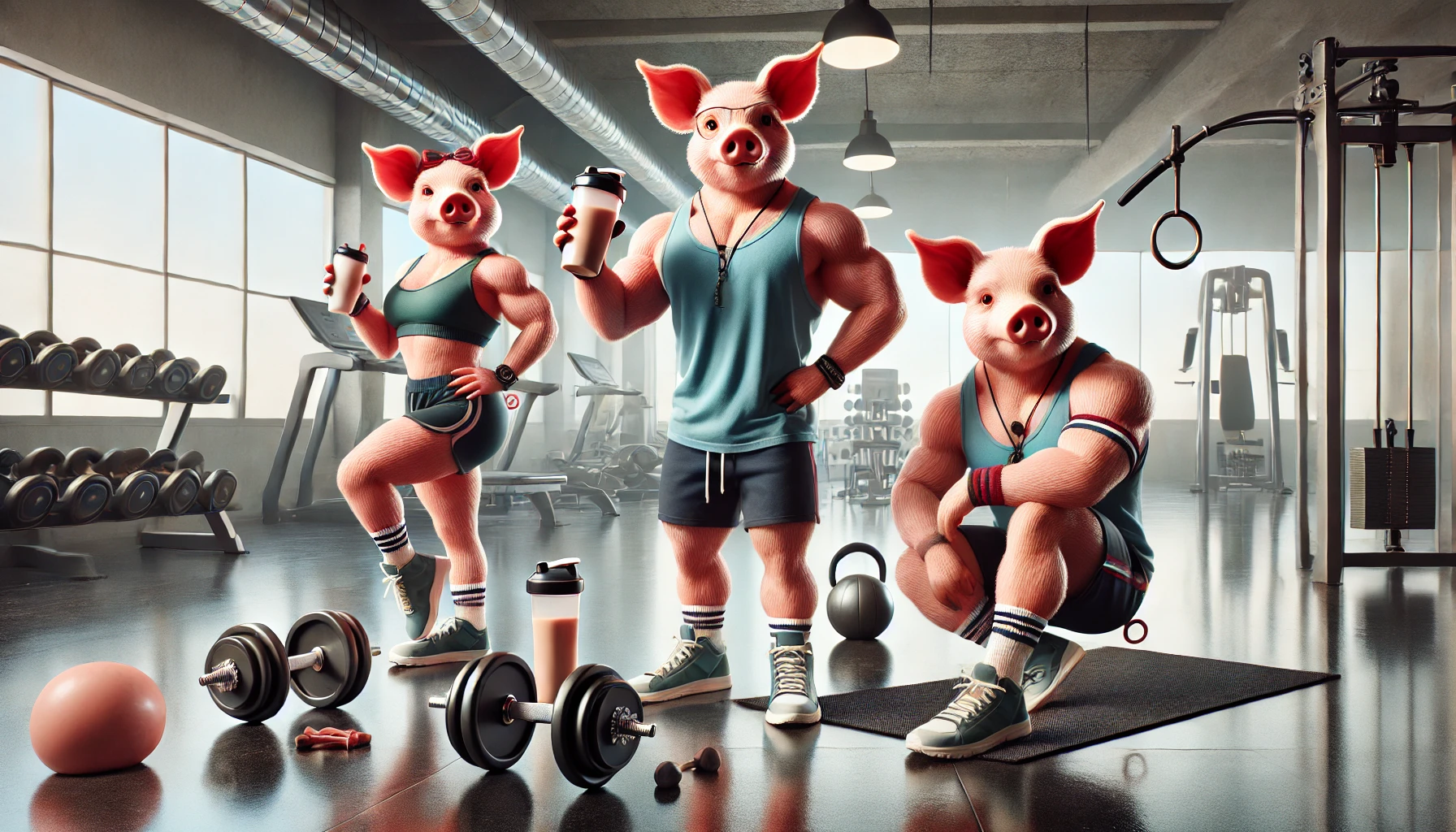 Prompt: The three little pigs as fitness influencers, photorealistic
