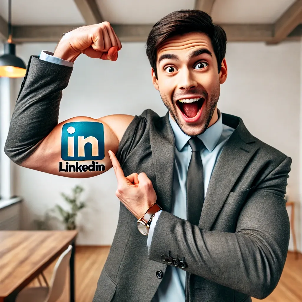 Prompt: An excited professional flexing a LinkedIn tattoo on their bicep