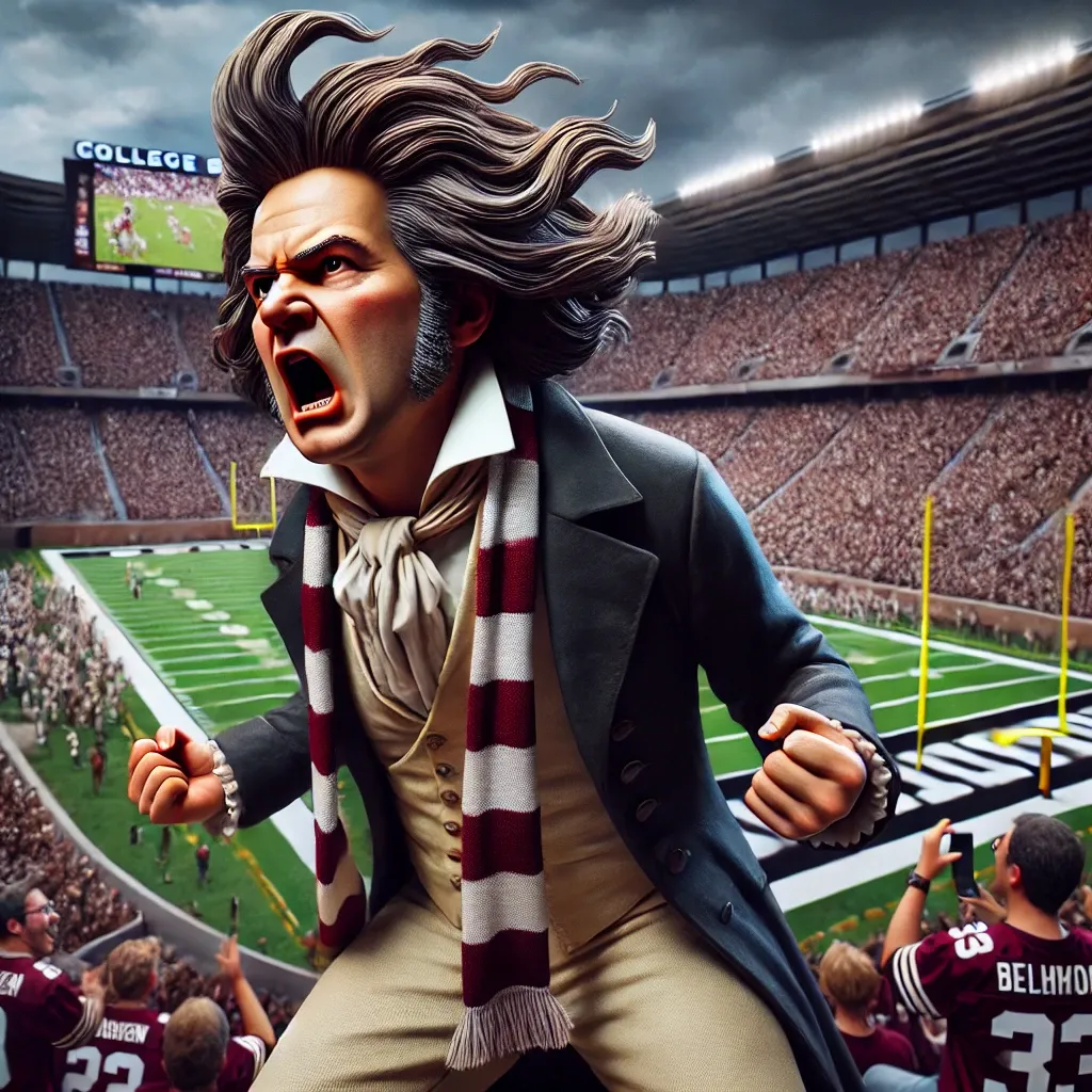 Prompt: Beethoven getting super animated about a college football game, photorealistic