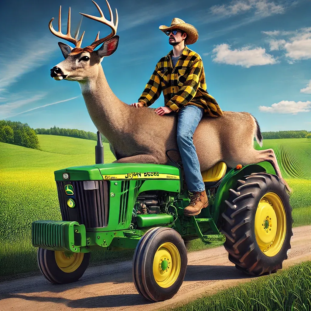 Prompt: A guy named John riding a deer riding a John Deere tractor