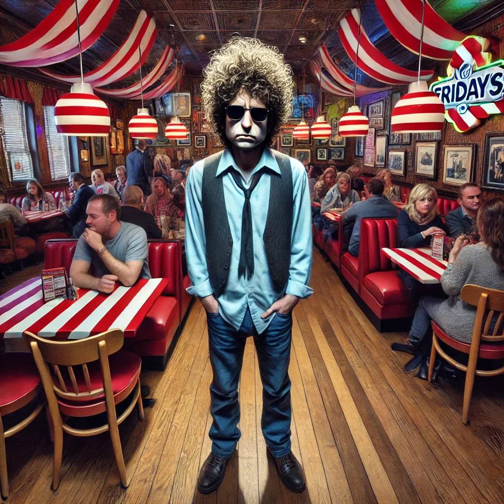 Prompt: Bob Dylan looking miserable while waiting for a table at TGI Friday's