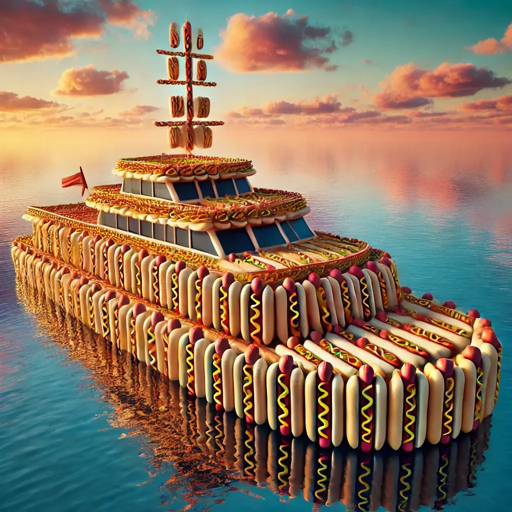 Prompt: A luxury yacht constructed entirely out of hotdogs