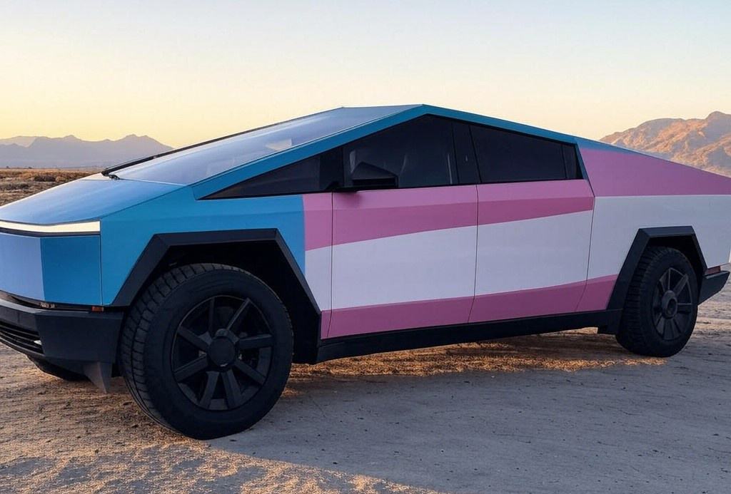 Prompt: A Cybertruck painted with the trans pride flag