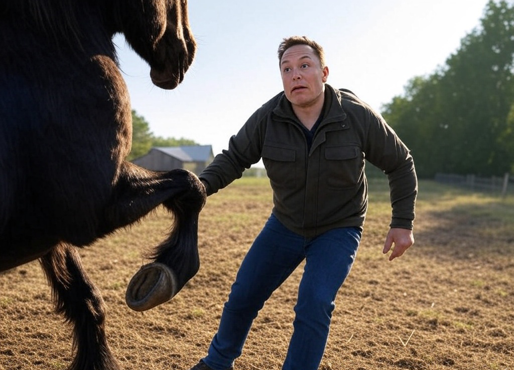 Prompt: Elon Musk getting kicked in the dick by a horse