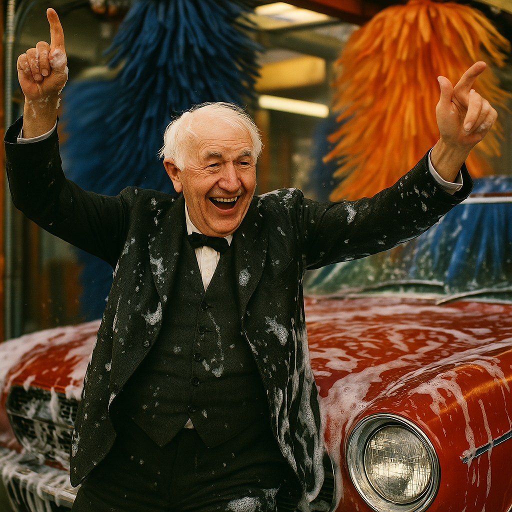 Prompt: Thomas Edison having a blast at a 1970s car wash
