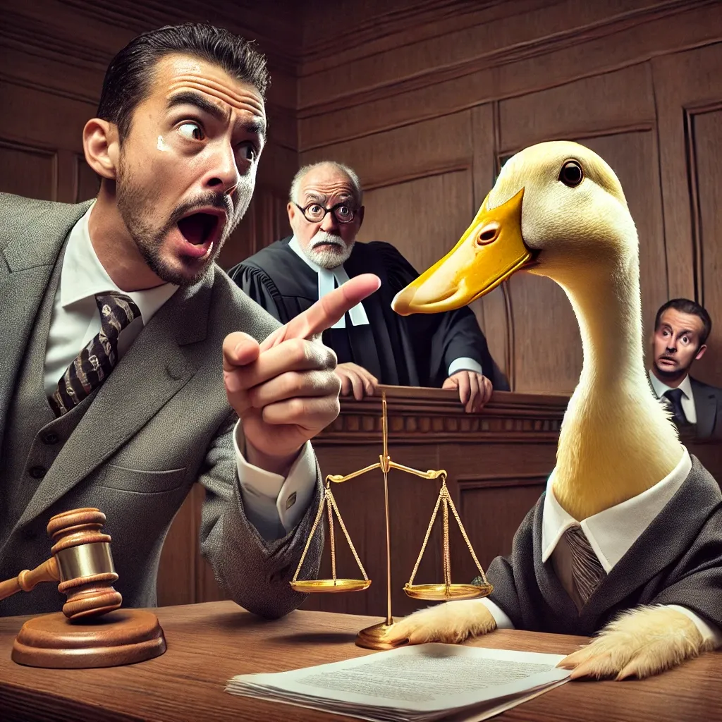 Prompt: A duck being aggressively cross-examined in a courtroom