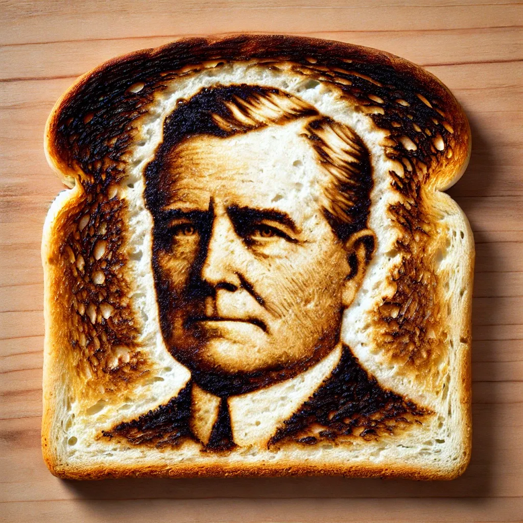 Prompt: A piece of toast with burns that look like the face of Woodrow Wilson
