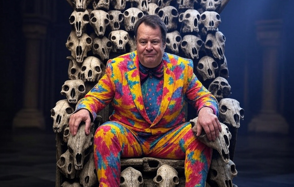 Prompt: Dan Aykroyd sitting on a throne of skulls