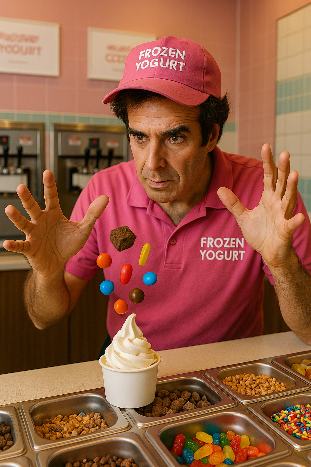 Prompt: David Copperfield working at a frozen yogurt shop, trying to impress people with his "magic" selection of toppings