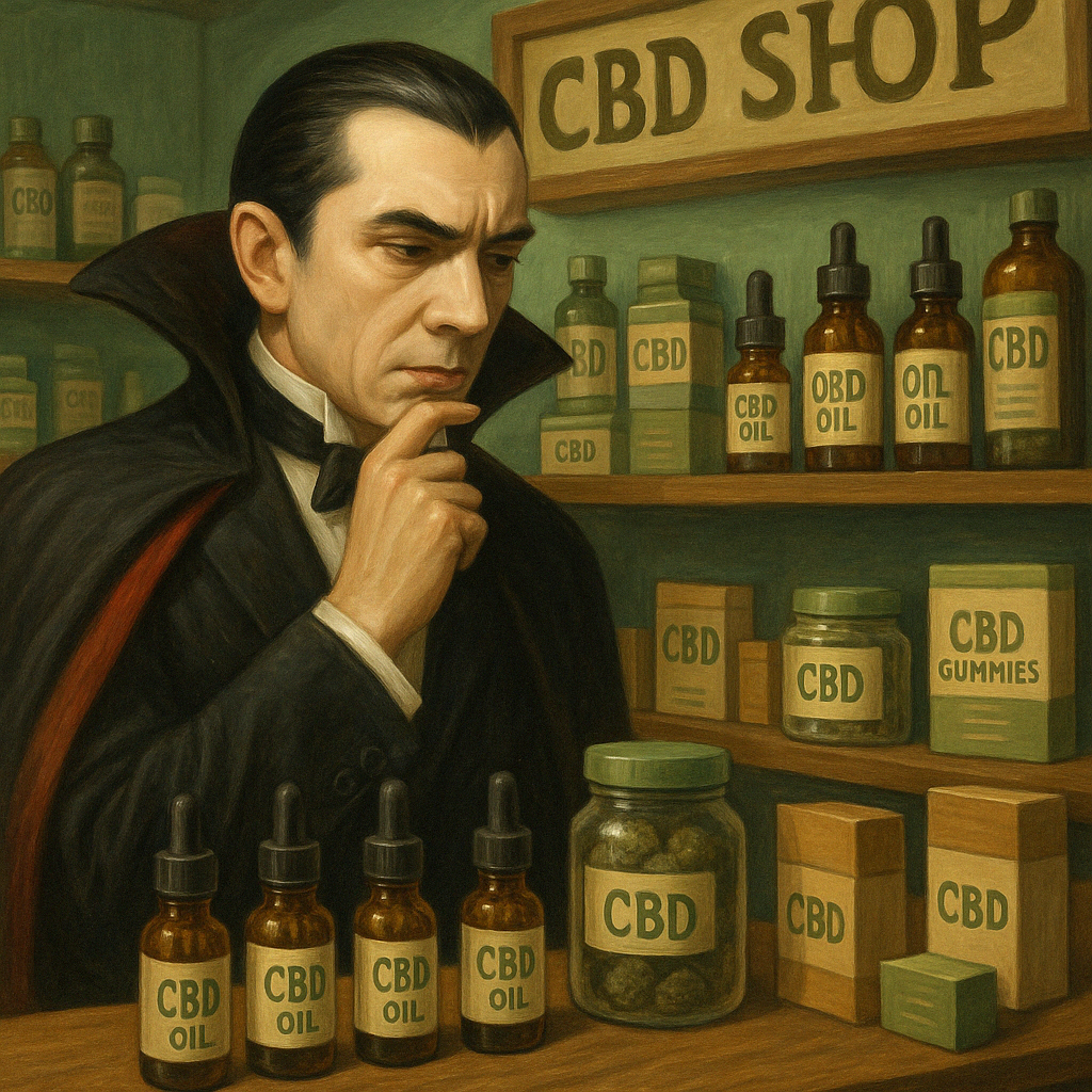 Prompt: Dracula thoughtfully perusing offerings at a CBD shop