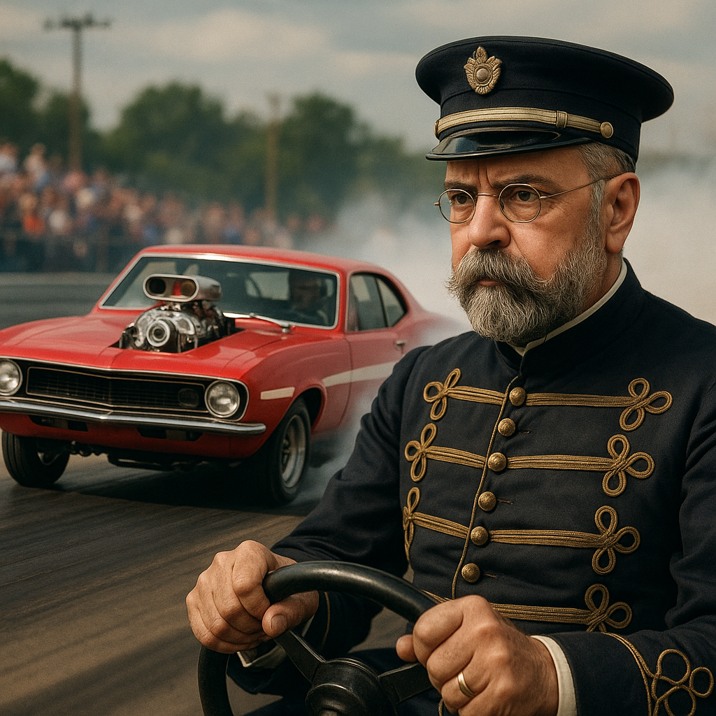 Prompt: John Philip Sousa drag racing