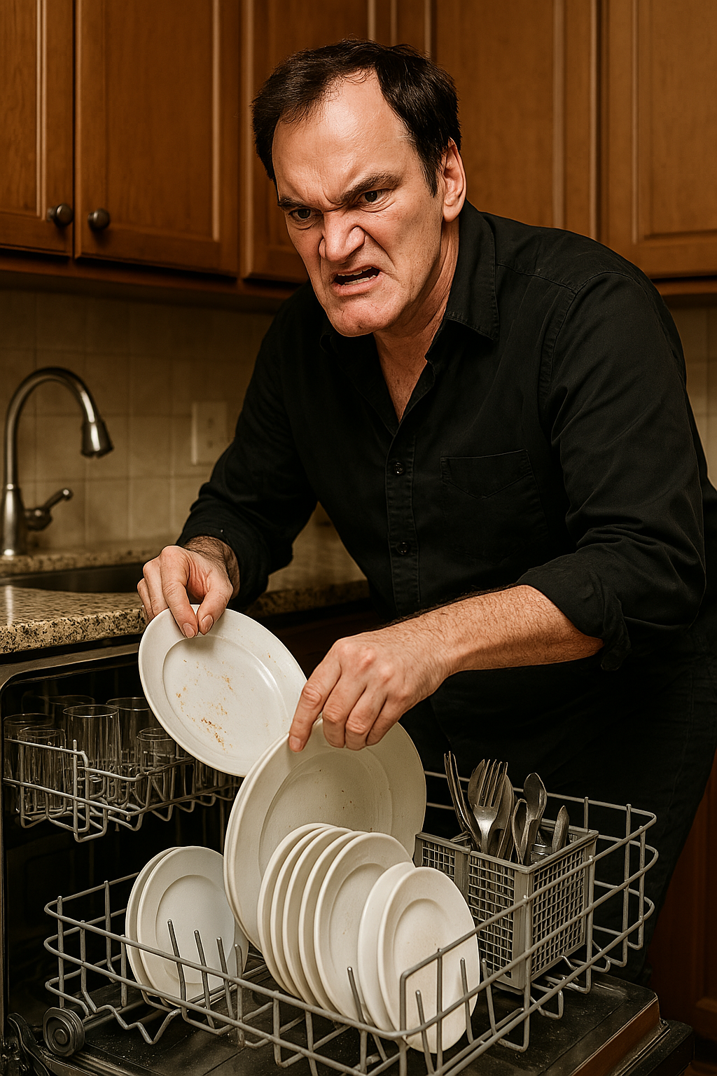 Prompt: Quentin Tarantino angrily loading a dishwasher