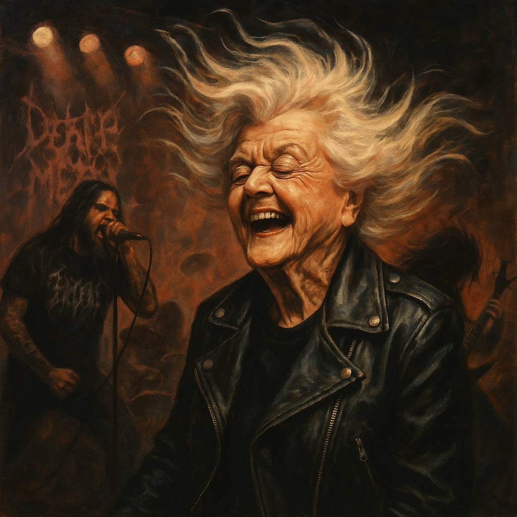 Prompt: Angela Lansbury enjoying herself at a death metal show