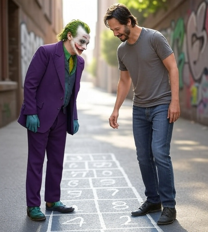 Prompt: Keanu Reeves playing hopscotch with The Joker