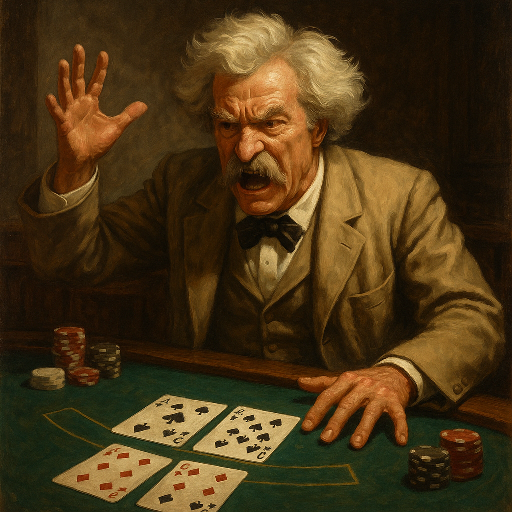 Prompt: Mark Twain angrily losing at Blackjack