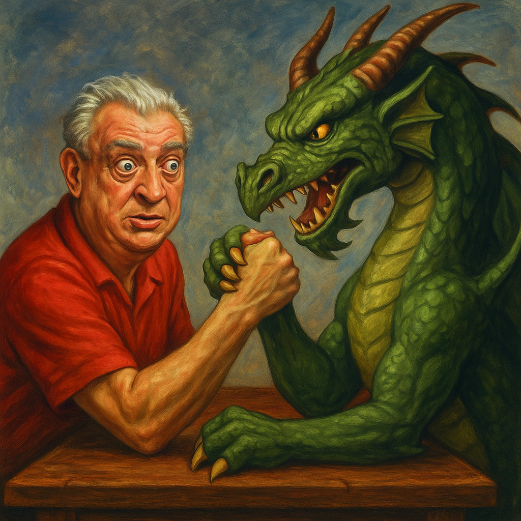 Prompt: Rodney Dangerfield arm wrestling with a dragon