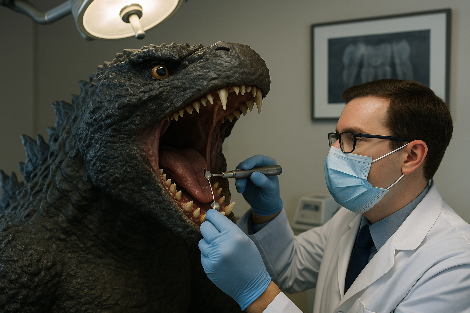 Prompt: Godzilla getting a cavity filled, photorealistic