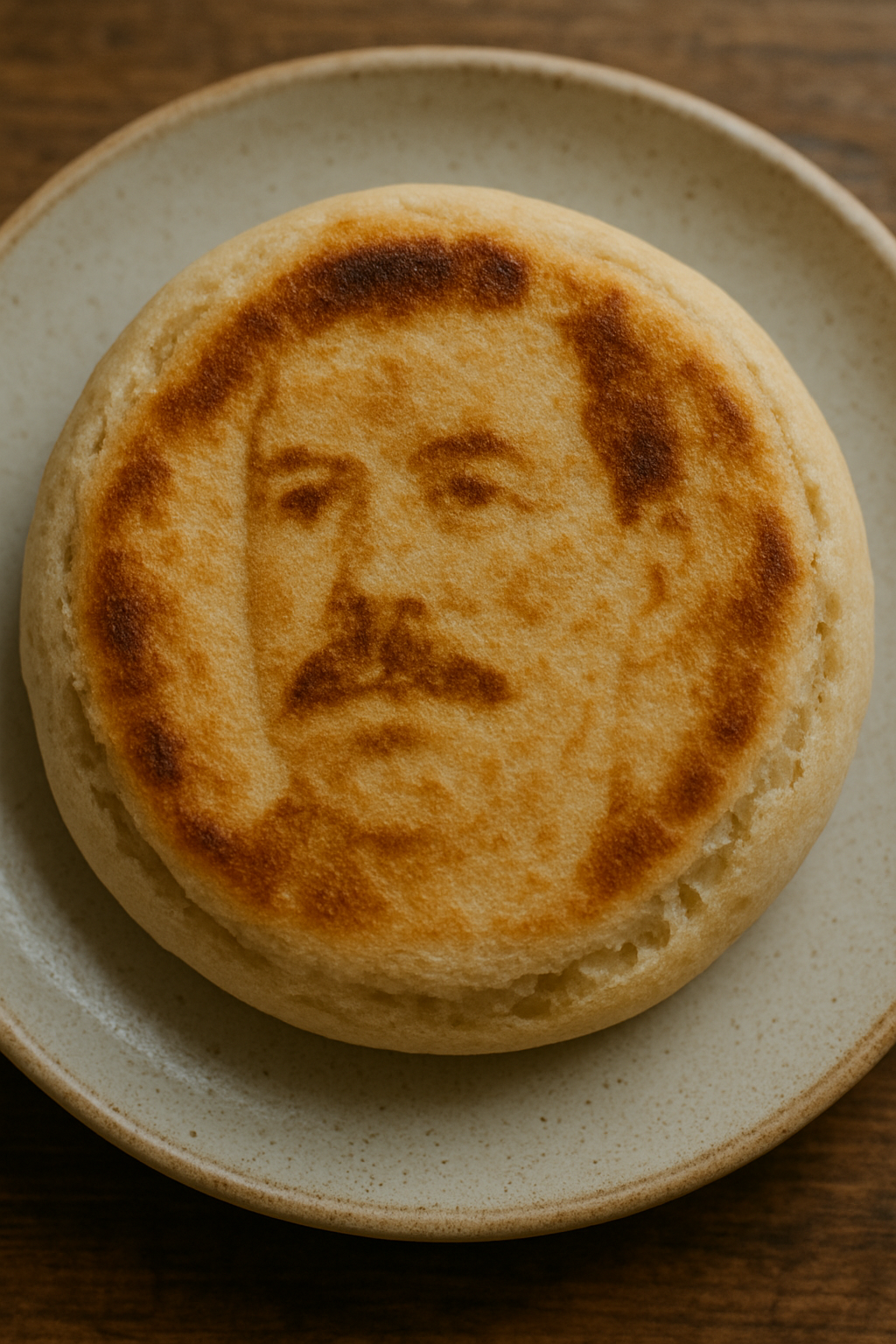 Prompt: An english muffin with burn marks that vaguely resemble Stalin