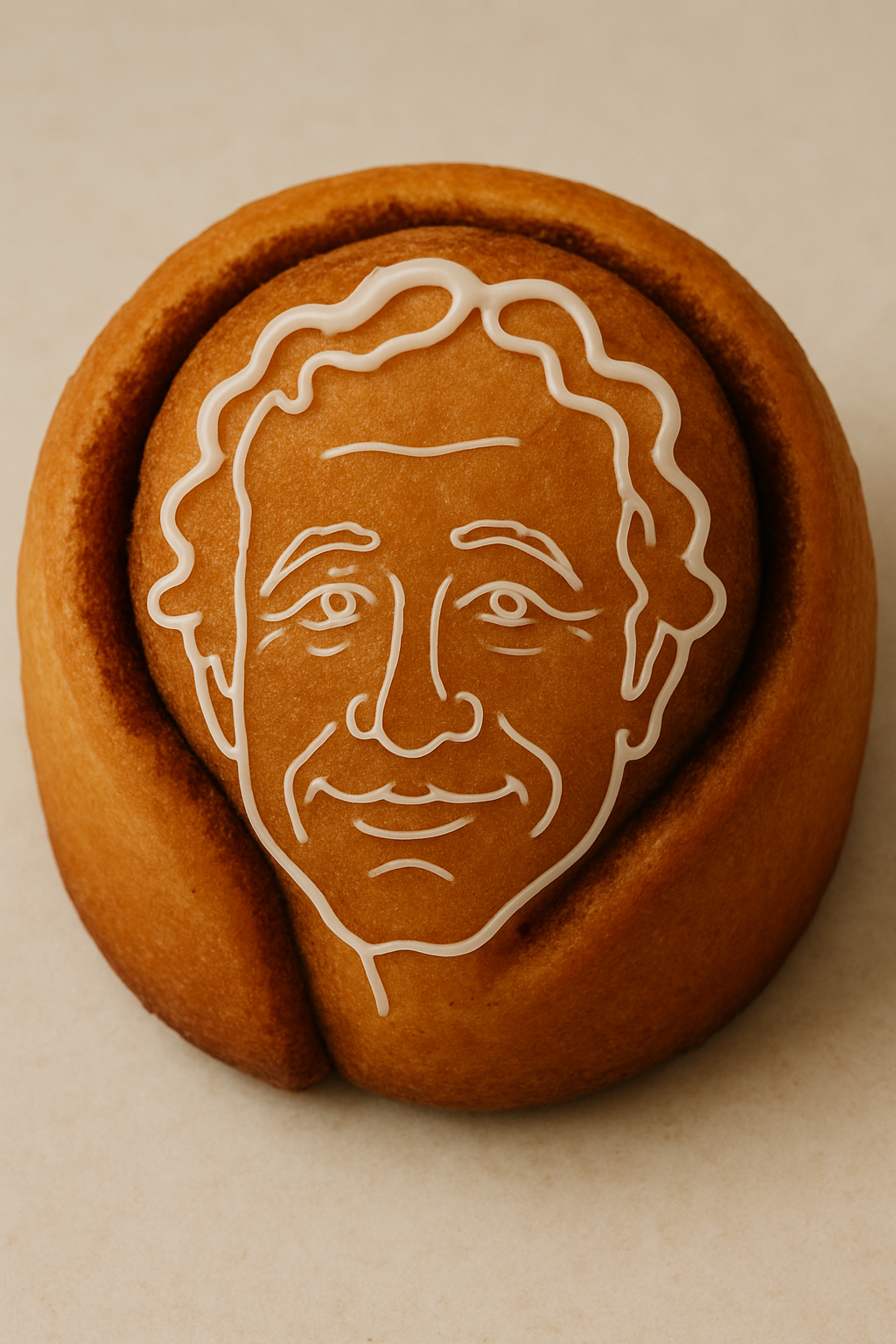 Prompt: A cinnamon roll with icing on it that looks vaguely like Pauly Shore