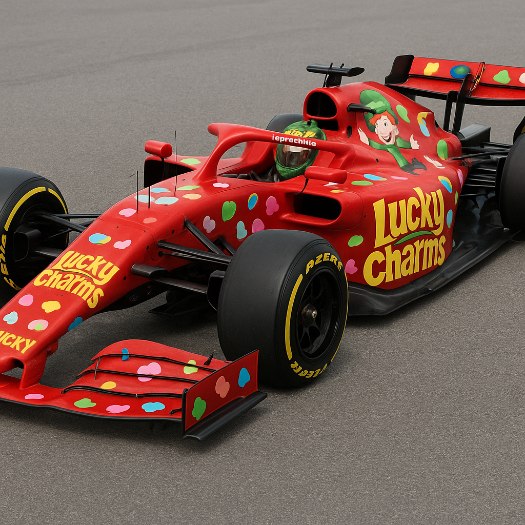 Prompt: An F1 car sponsored by Lucky Charms