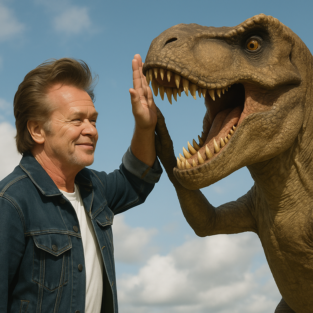 Prompt: A photorealistic image of John Cougar Mellencamp high-fiving a T-Rex