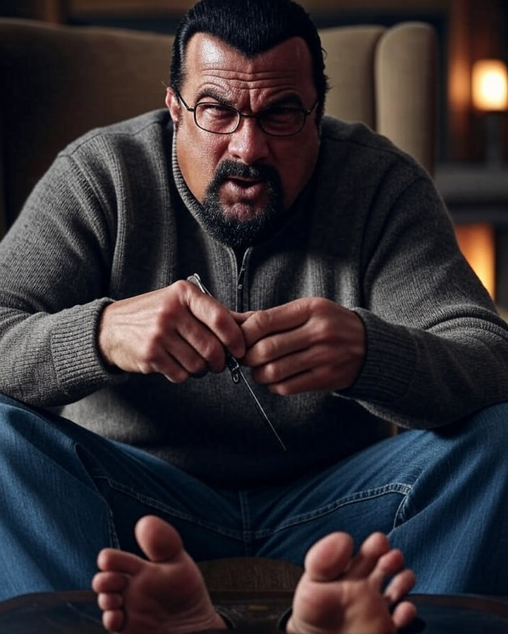 Prompt: A photorealistic image of Steven Seagal angrily cutting his toenails