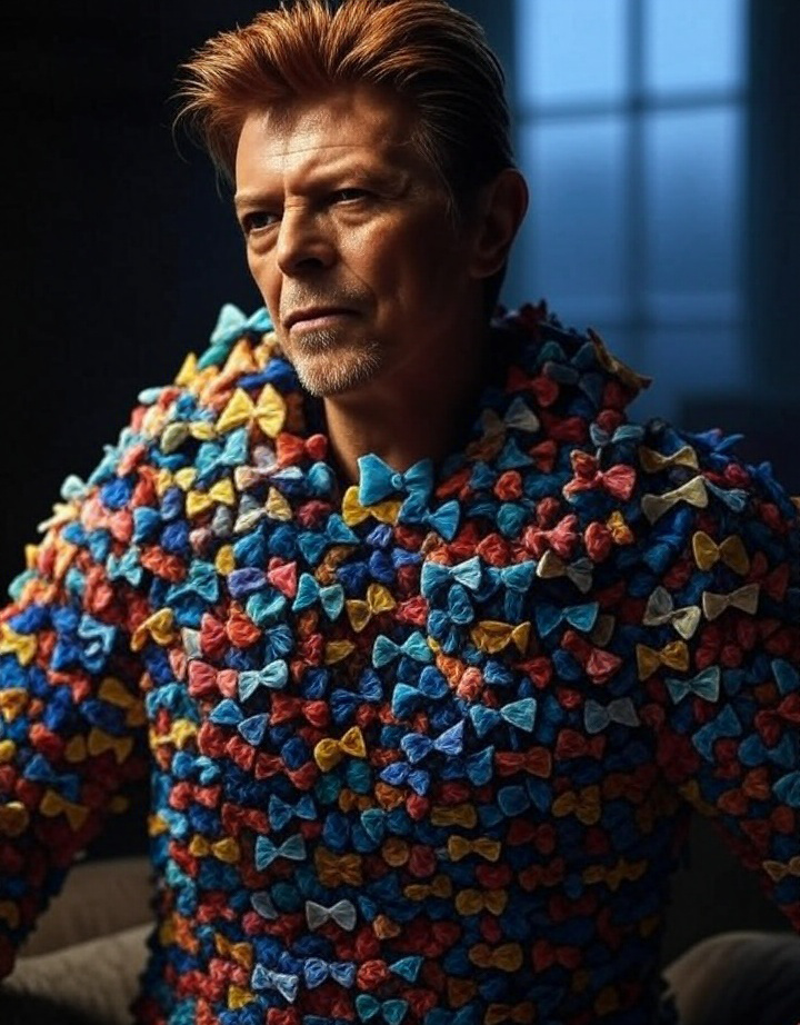 Prompt: David Bowie covered in bows