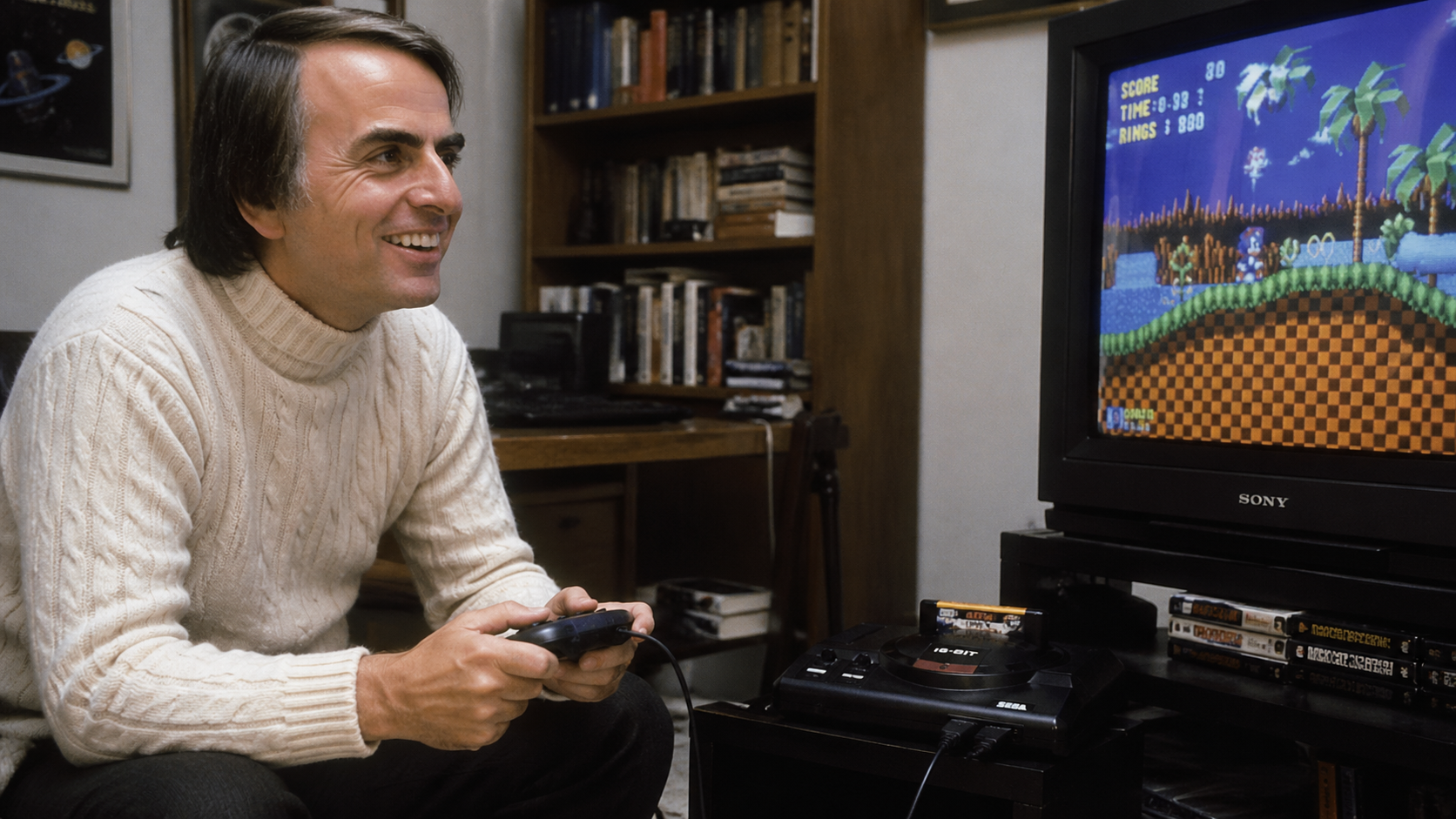 Prompt: Carl Sagan playing Sega