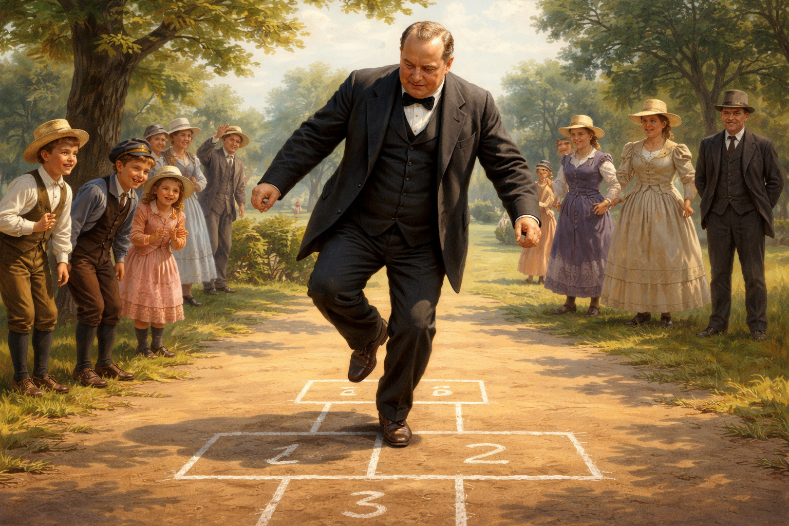 Prompt: Grover Cleveland playing Hopscotch