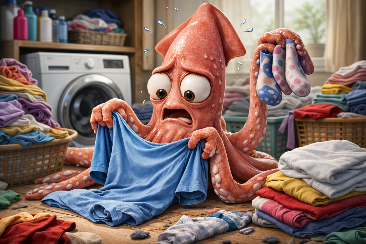 Prompt: A photorealistic image of a visibly-stressed squid trying to fold laundry