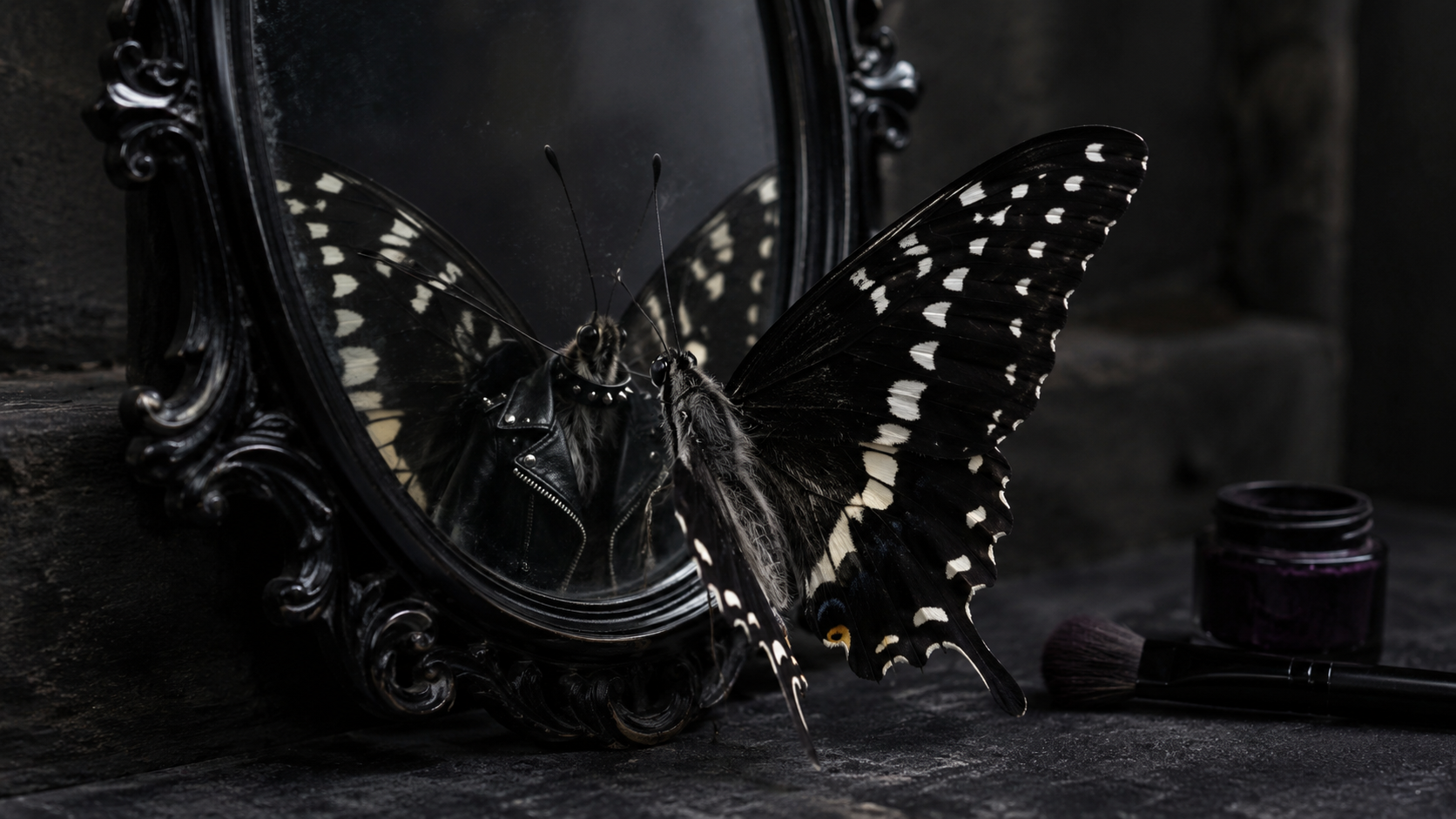 Prompt: Photorealistic image of a butterfly attempting to "go goth"