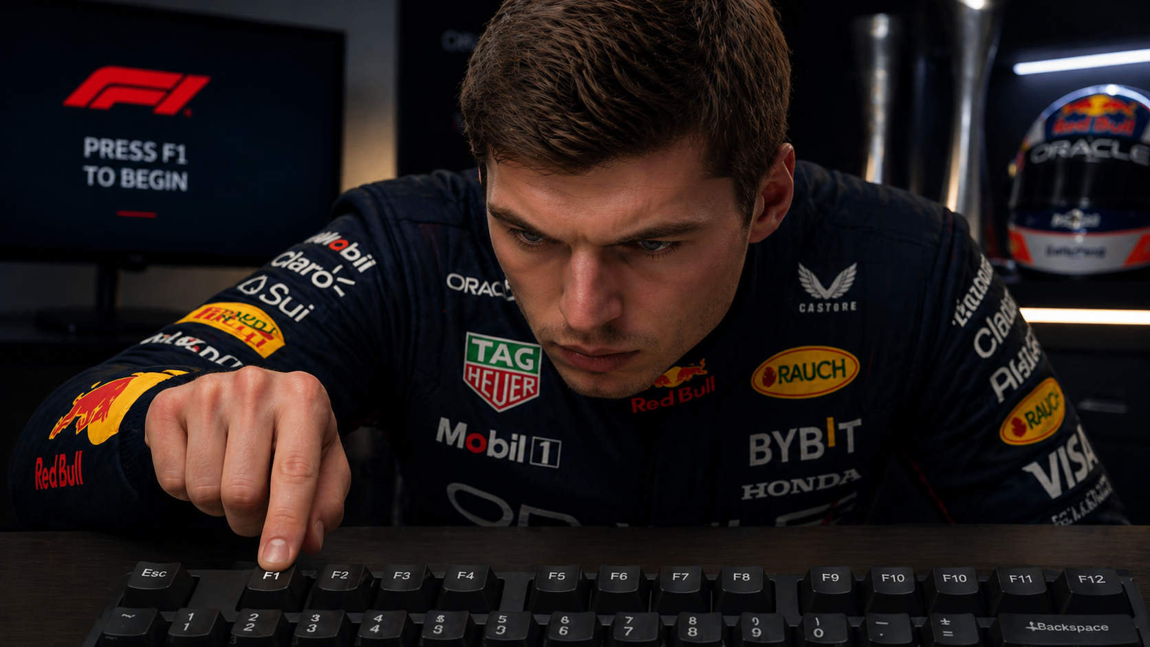 Prompt: An F1 driver concentrating intensely on pressing the F1 key on a keyboard