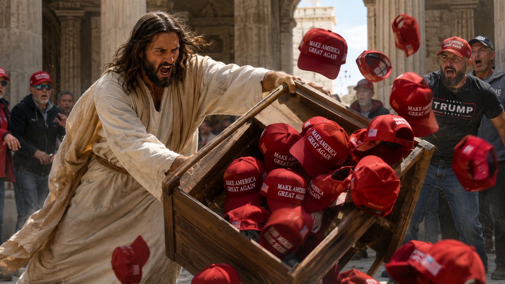 Prompt: Jesus angrily flipping over a table of red MAGA hats