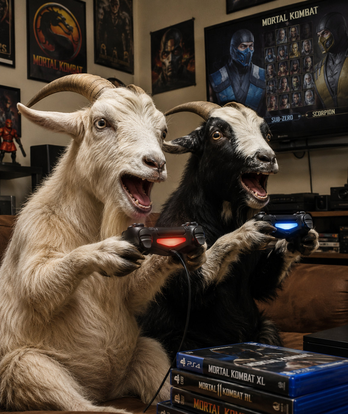 Prompt: Two goats enthusiastically playing Mortal Kombat