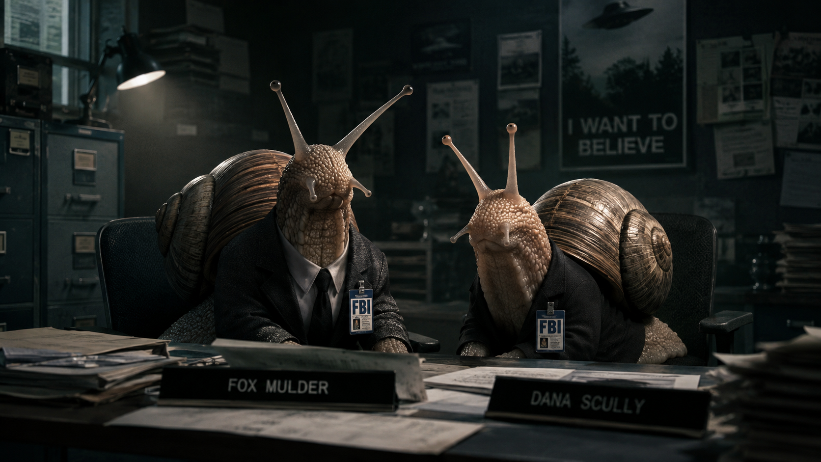Prompt: The X-Files, but Mulder and Scully are snails
