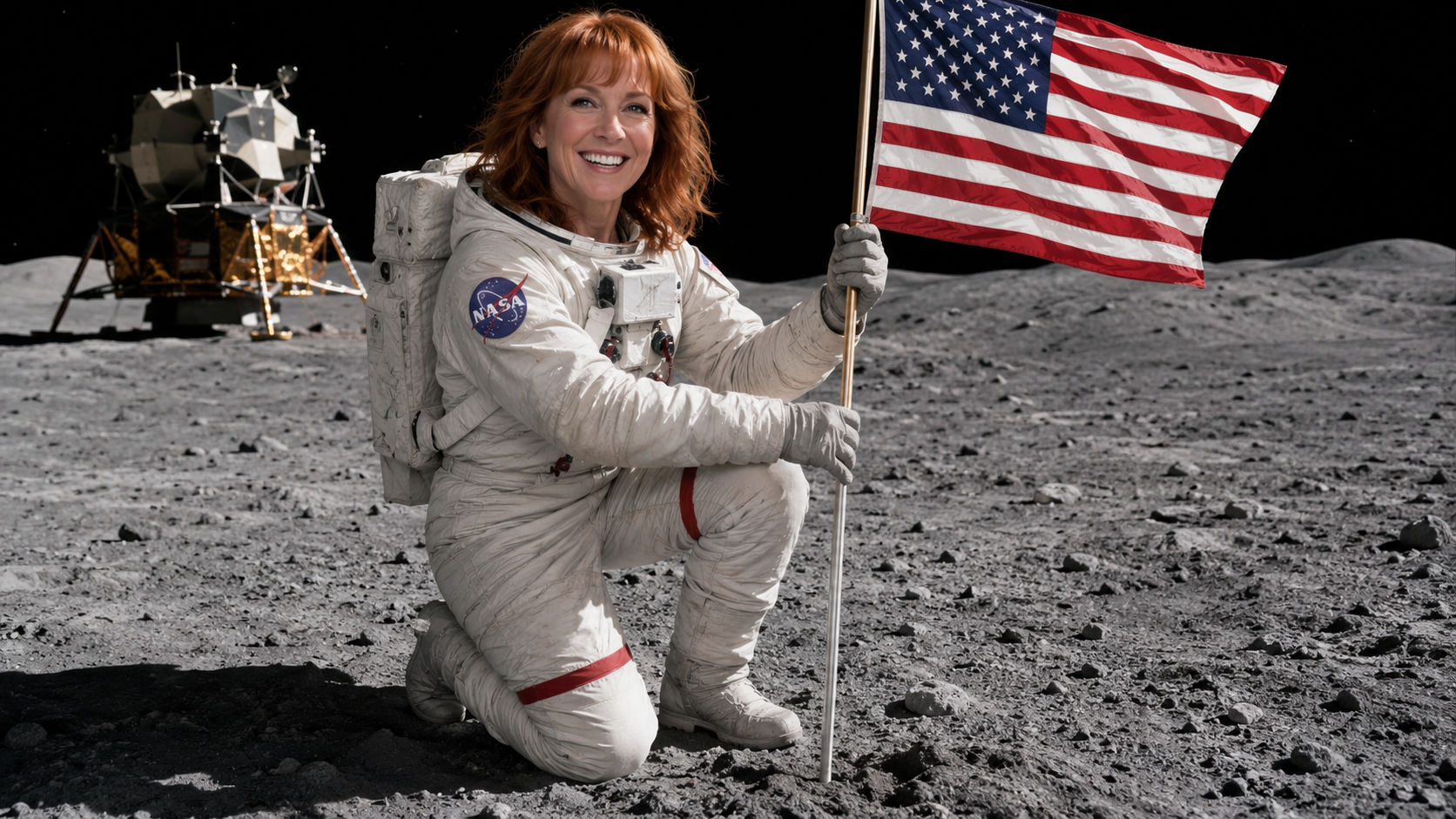 Prompt: Kathy Griffin planting the American flag on the moon