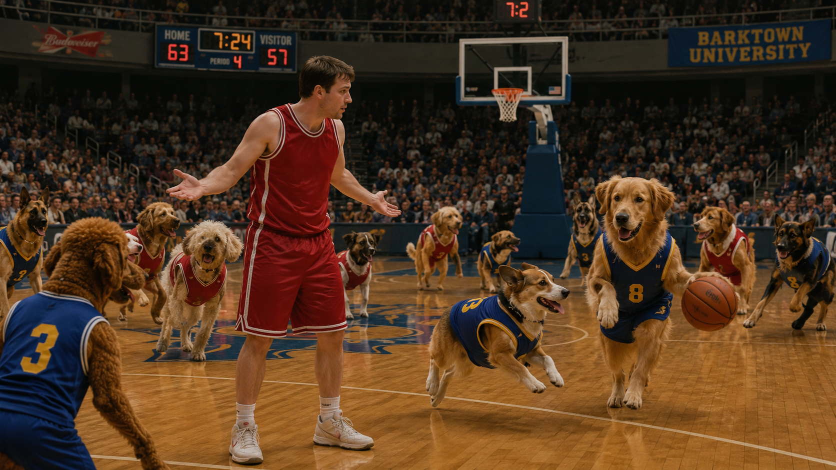 Prompt: A "reverse Air Bud" in which all of the players on the basketball court are dogs, but there's also one confused human