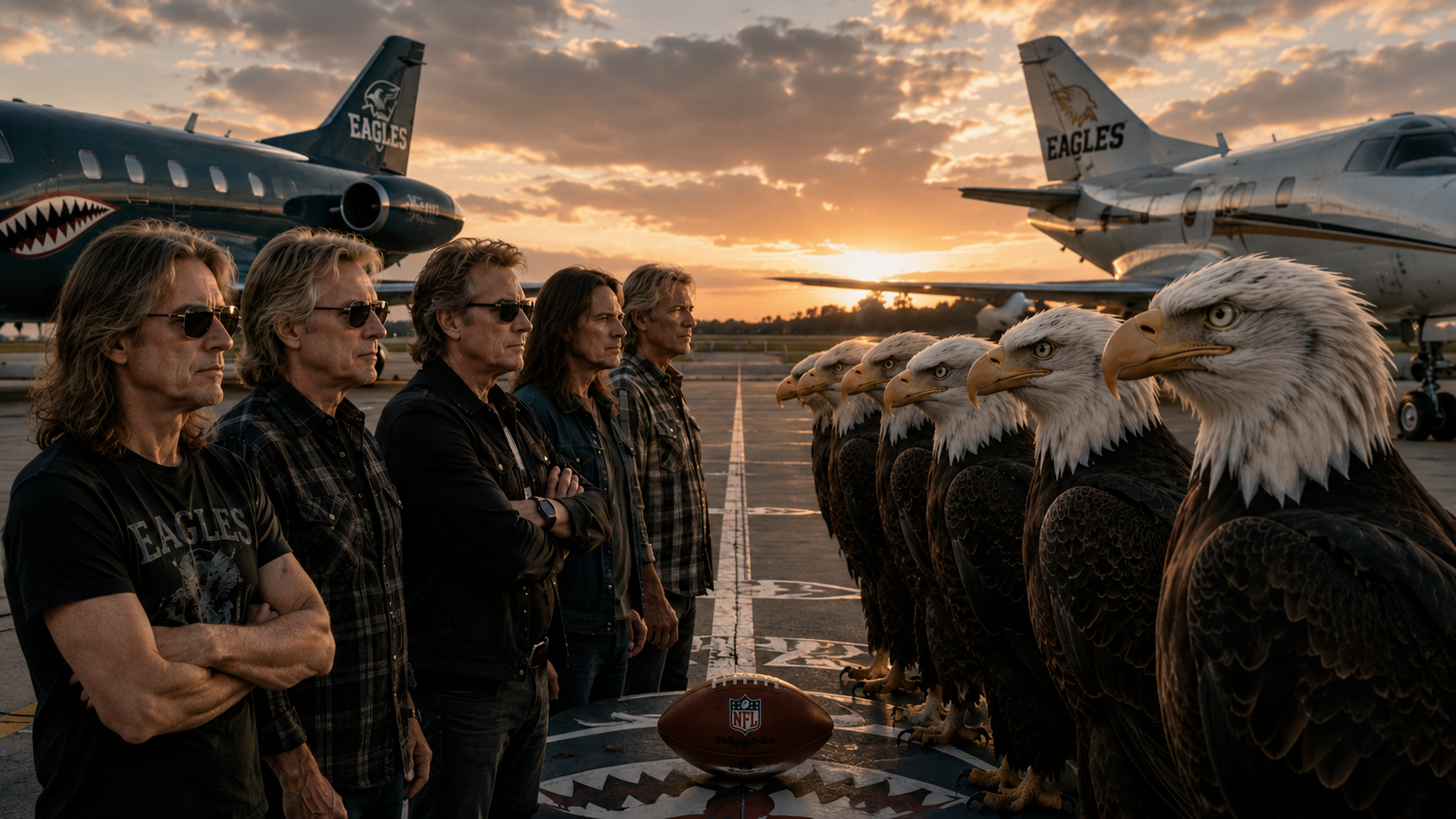 Prompt: A "Sharks vs. Jets" showdown between the members of the band The Eagles vs a group of actual eagles