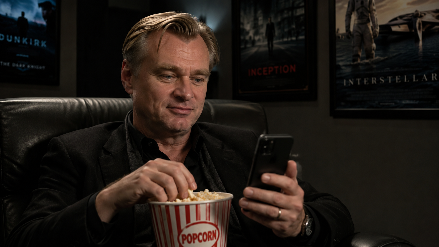 Prompt: Christopher Nolan with a bucket of popcorn watching a movie on a phone