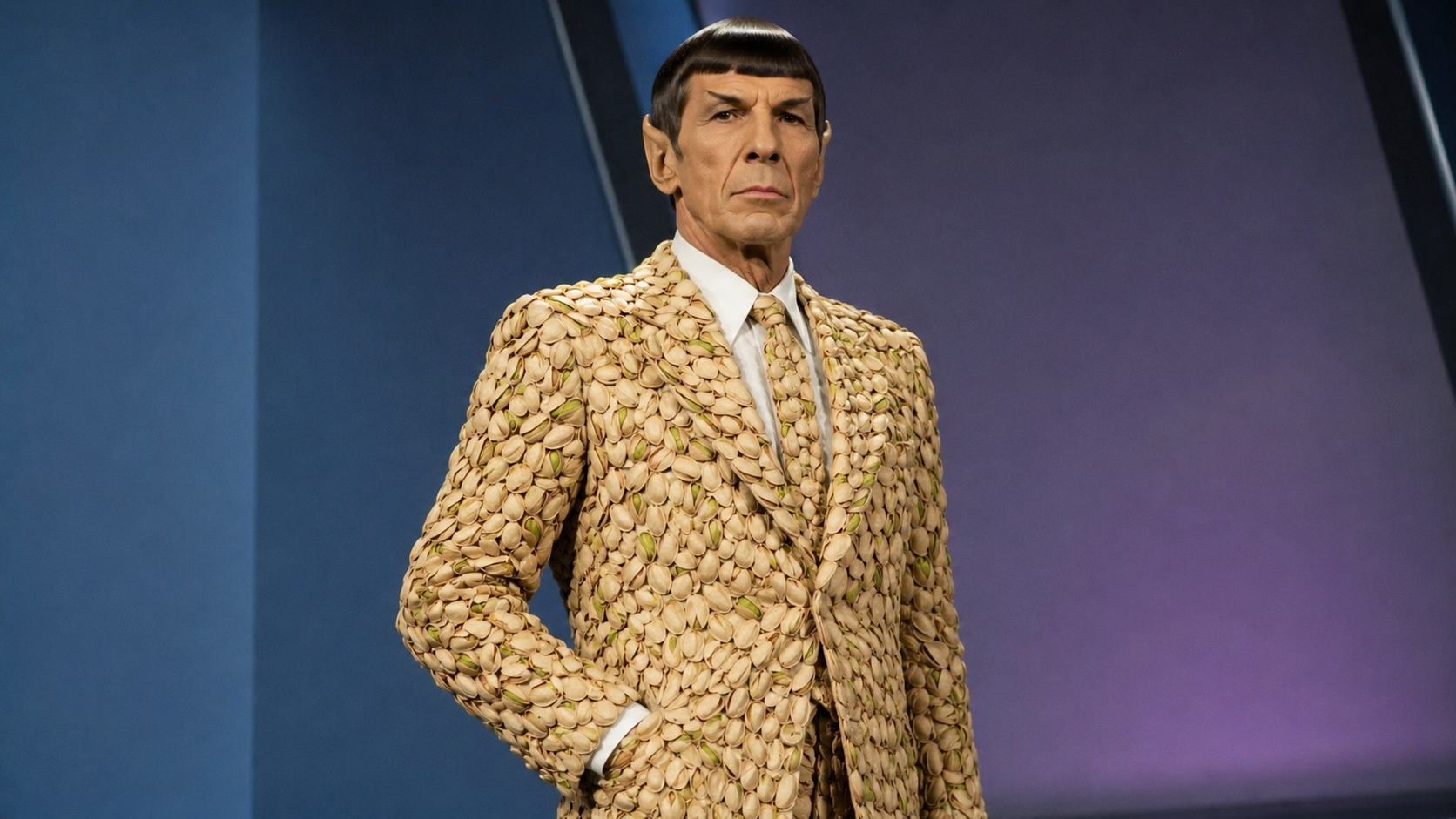 Prompt: Leonard Nimoy wearing a suit made entirely of pistachio nut shells