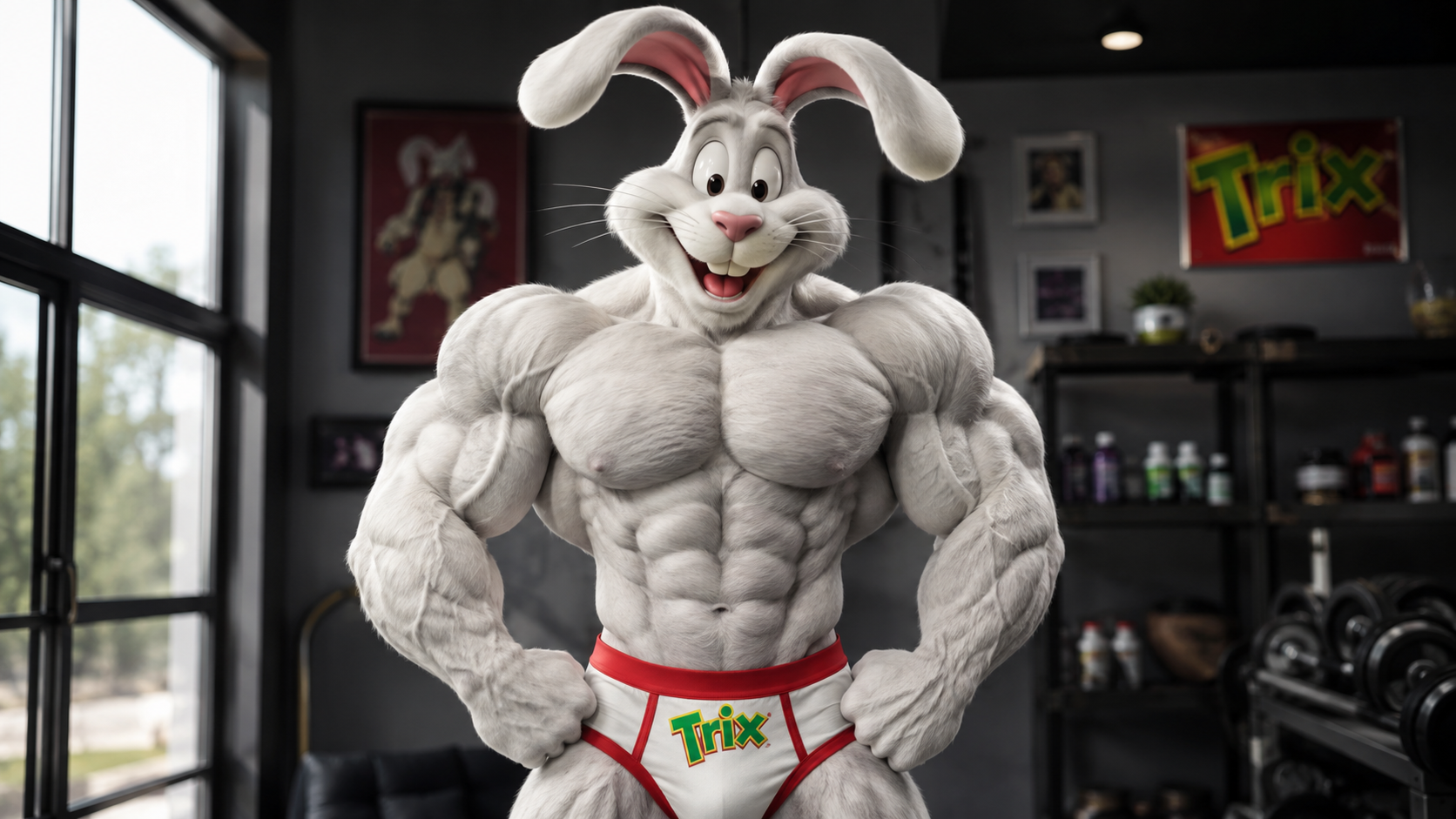 Prompt: An uncomfortably muscular Trix rabbit