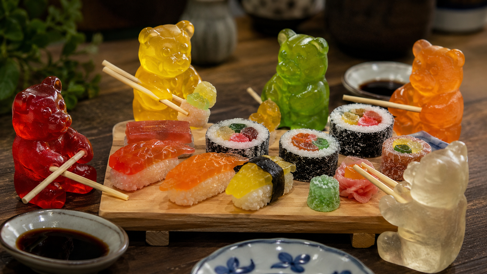 Prompt: A group of gummy bears eating gummy sushi