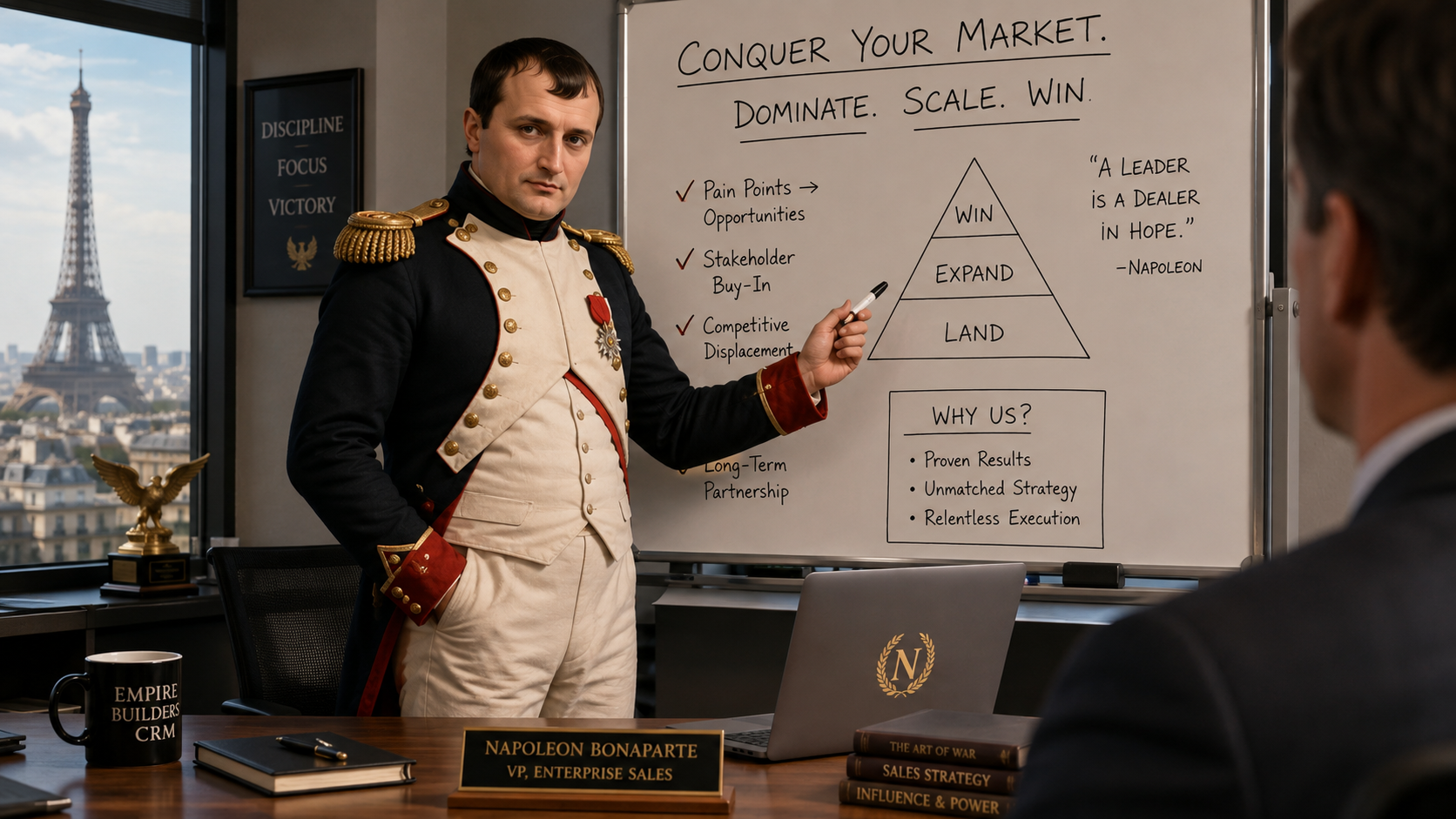 Prompt: Napoleon Bonaparte as a B2B sales guy