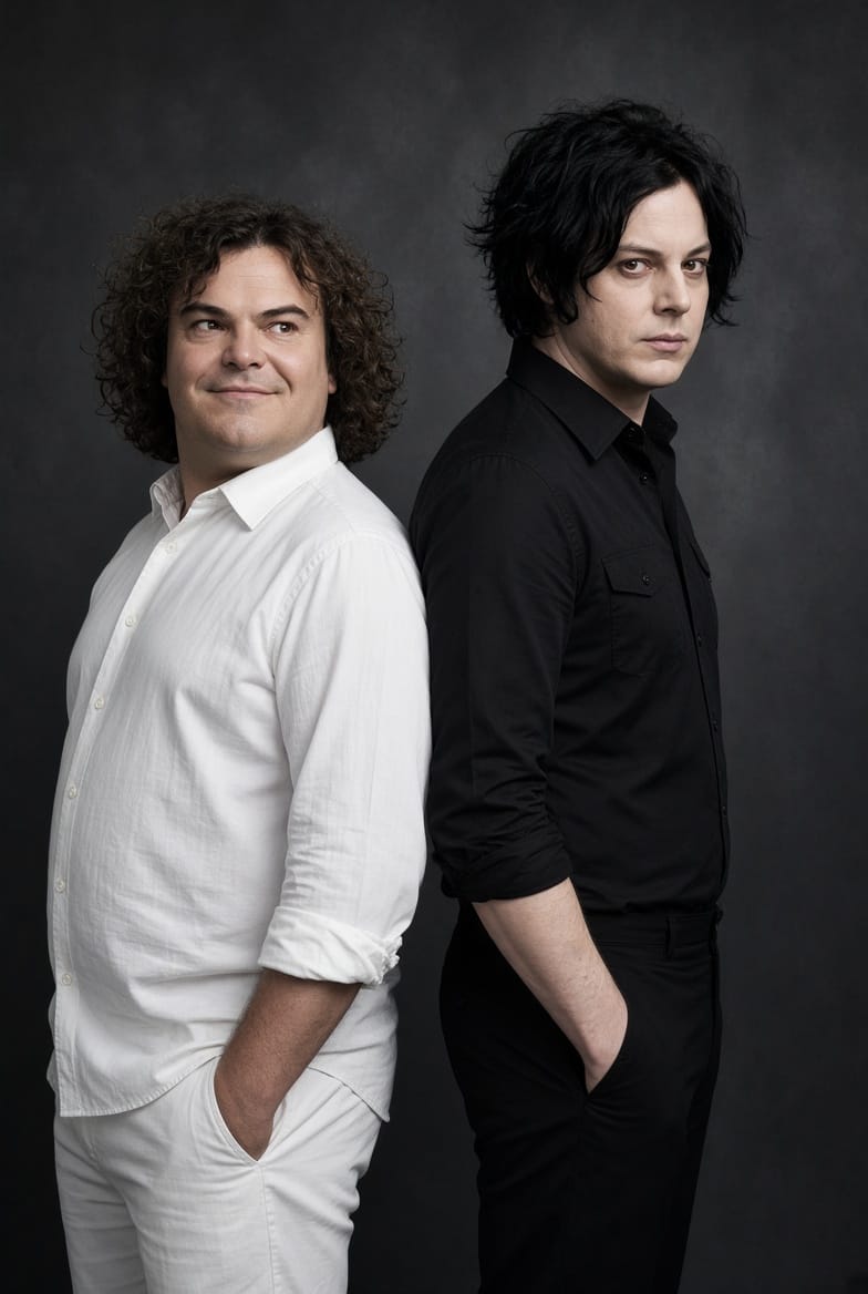 Prompt: Jack Black (wearing white) standing back to back with Jack White (wearing black)