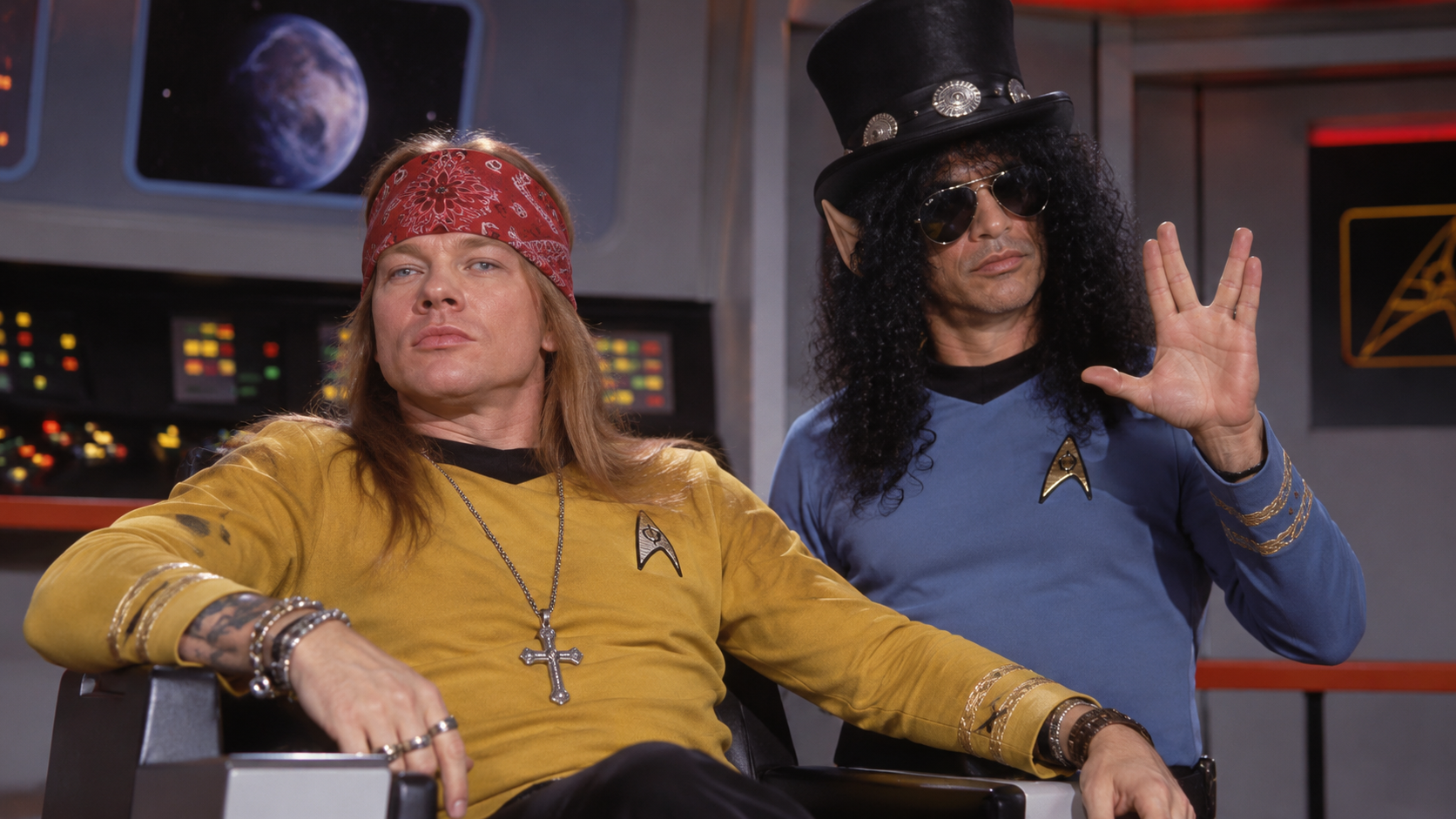 Prompt: Axl and Slash as Kirk and Spock
